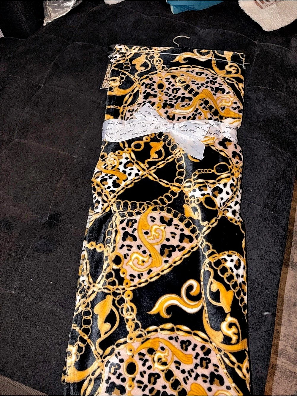 baby phat Oversized Printed Plush Throw Black & Gold